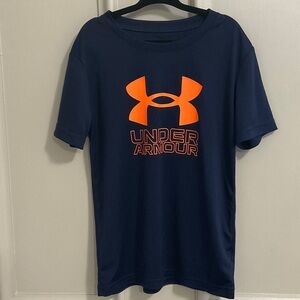 Under Armour Navy dry fit Shirt with Neon Orange Logo , boys size 6